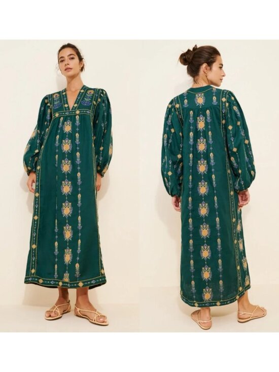 FARM Rio Dresses & Skirts - FARM RIO Linen Green Pineapple Embroidered Tunic Maxi Dress  Size XS